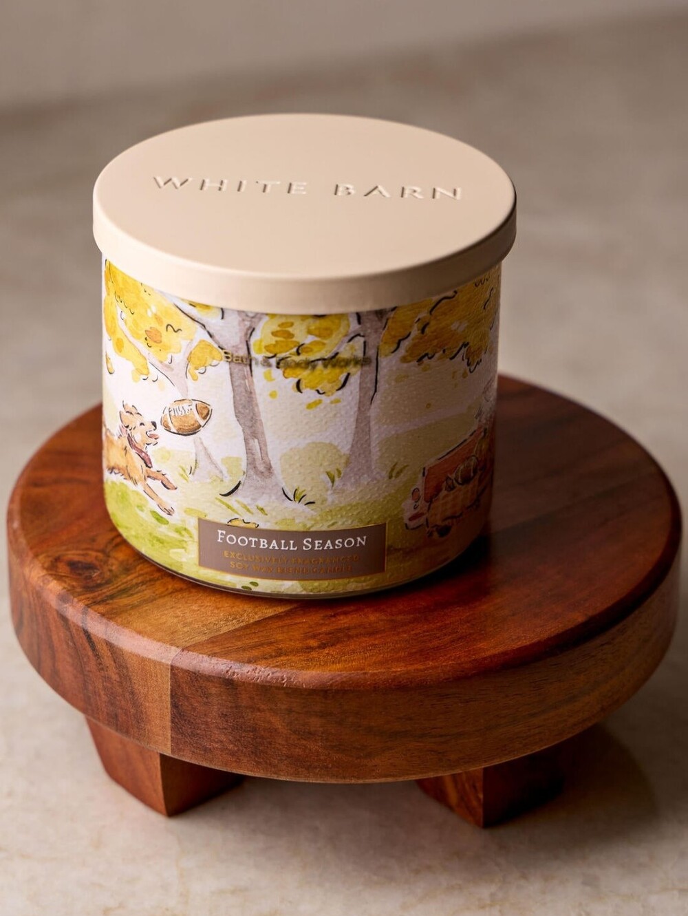 White Barn Candle in Cream & Yellow Autumn Illustration